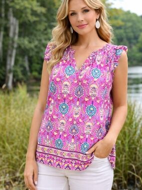 Talbots Pink Floral Paisley Ruffle Sleeve Top Women’s Medium